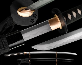 T10 Steel Clay Tempered With Hamon Handmade Black Katana Sword With Sakura Tsuba Real Japanese Samurai Sword Full Tang