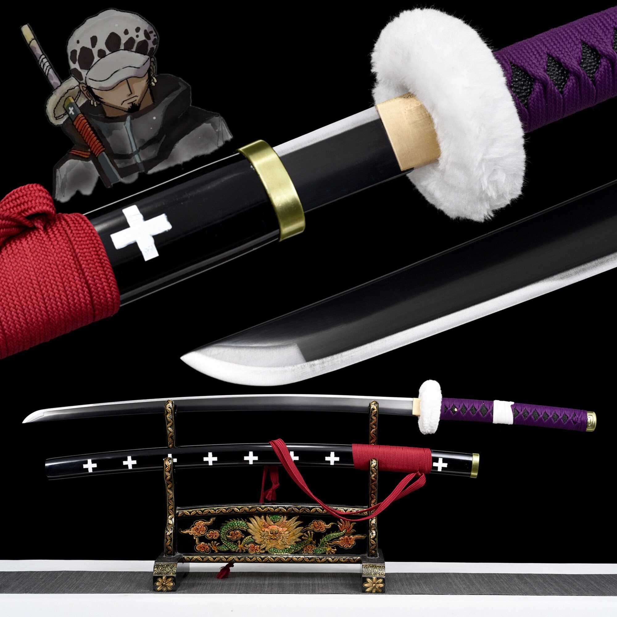UK Seller Katana One Piece Wooden Trafalgar Law Sword Cosplay With Scabbard