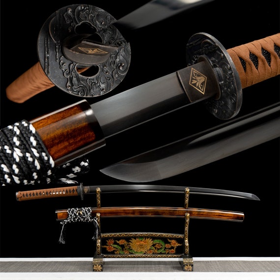 Katana a onde nere, spada da samurai giapponese, vera spada Katana fatta a  mano, lama in acciaio ad alta manganese, codolo completo -  Italia