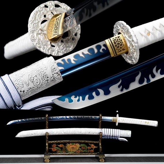 Katana del drago d'argento,Spada samurai giapponese,Vera Katana,Spada fatta  a mano,Acciaio al manganese alto,Lama blu arrostita -  Italia