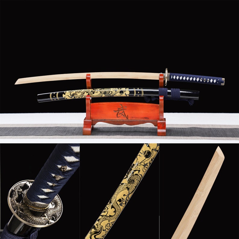 Golden Dragon Katana,Wooden Katana,Japanese Samurai Sword,Handmade Wooden Sword,Bamboo Blade 