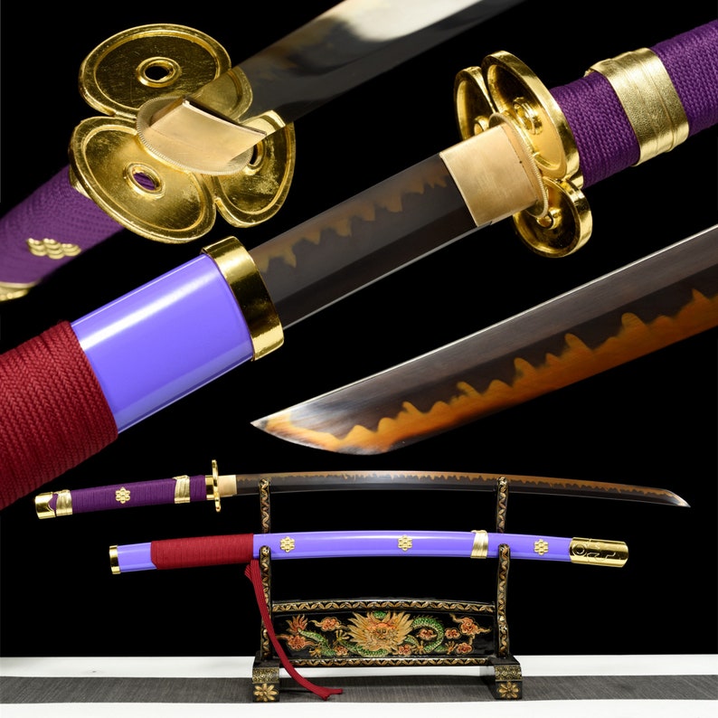 Purple Anime Sword,One Piece,Anime Cosplay,Japanese Samurai Sword,Real Handmade anime Katana,High-carbon steel,Full Tang Burning red blade