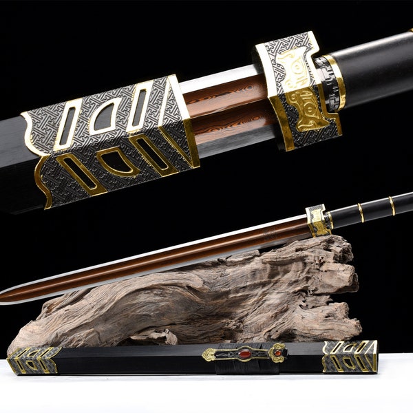 Han Dynasty Ruyi Sword Real Sword Handmade Chinese Sword Hundred Steelmaking Pattern Steel-Damascus steel Longquan Sword