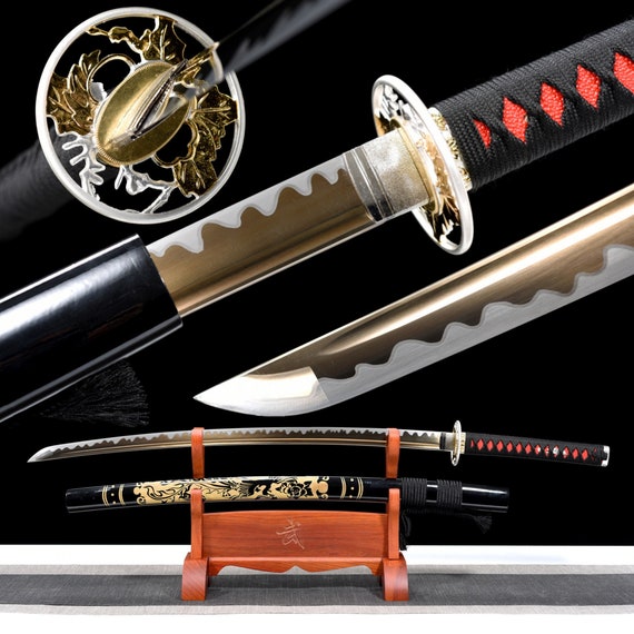 HanBon - Espada katana forjada de oro real, katana de dragón de oro real,  espada samurái japonesa funcional, 1095 plegada, de acero de Damasco, hoja
