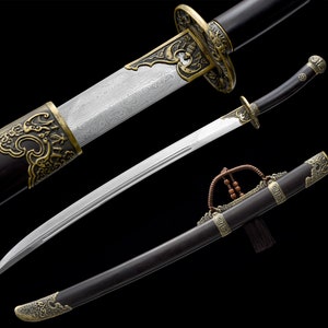 Qing Dynasty Real Oxtail Dao Sword Handmade Chinese Oxtail Dao Saber Sword Hundred Steelmaking Pattern Steel-Damascus steel Longquan Sword