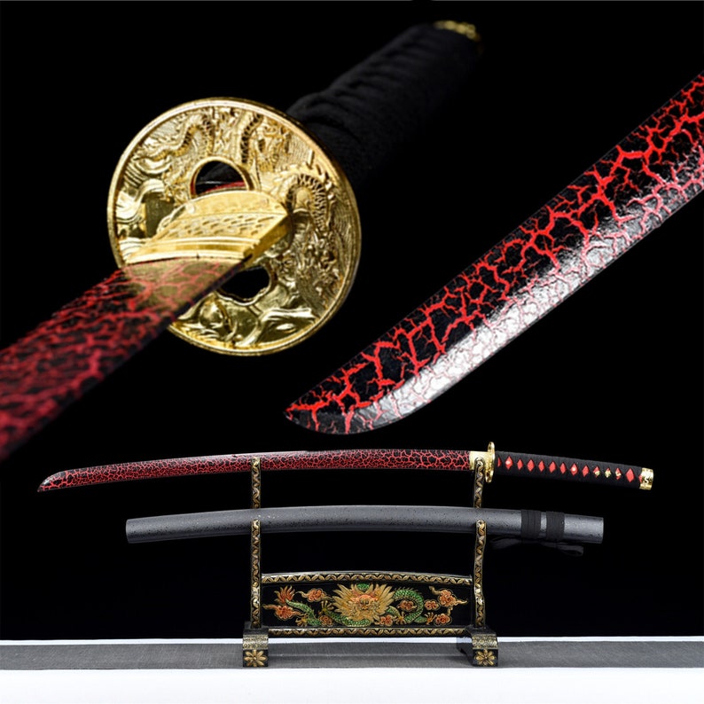 Red cracked katana,Wooden Katana,Japanese Samurai Sword,Handmade Wooden Sword,Bamboo Blade 