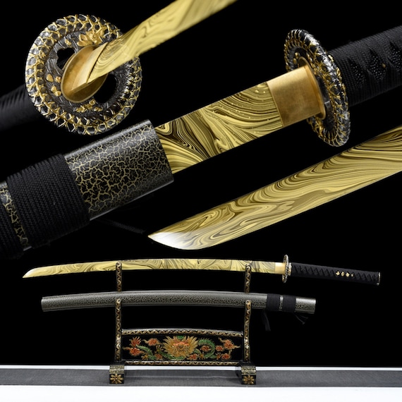 Katana Qingying, espada samurái japonesa, Katana hecha a mano Real, acero  de alto manganeso, hoja de patrón amarillo -  España