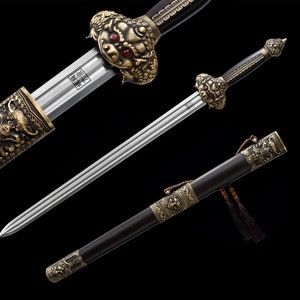 Yongle Sword Real Sword Handmade Black Chinese Sword Hundred Steelmaking Pattern Steel-Damascus steel Longquan Sword Ming Dynasty Sword