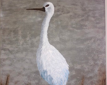 White heron by the water's edge. Large bird with beautiful white feathers near a body of water. Original oil on canvas painting.