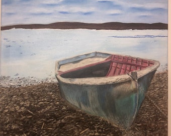 Beautiful abandon, abandoned row boat on a cloudy day. Original oil painting on canvas.
