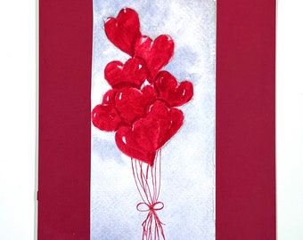 Valentine's Day Greeting Card, Red heart balloons, original watercolor design