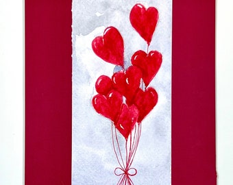 Valentine's Day Greeting Card, Red heart balloons, original watercolor design