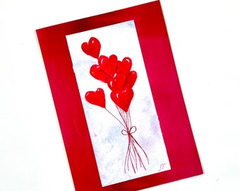 Valentine's Day Greeting Card, Red heart balloons, original watercolor design