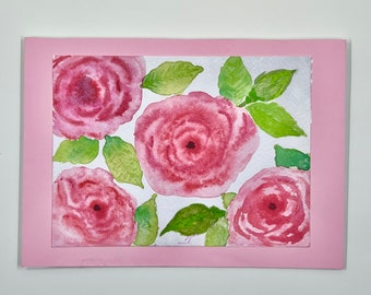 Valentine's Day Greeting Card, Pink bouquet of roses. Original watercolor design