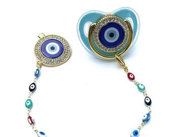 Luxury Bling Evil Eye Baby Pacifier & Clip - Teal and Gold - Binky Dummy