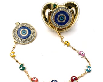 Luxury Bling Evil Eye Baby Pacifier & Clip - Gold and Blue - Binky - Dummy