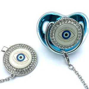 Luxury Bling Evil Eye Baby Pacifier & Clip Teal and Silver Binky Dummy image 2