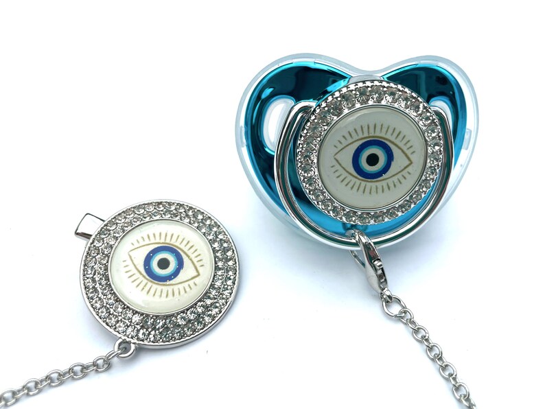 Luxury Bling Evil Eye Baby Pacifier & Clip Teal and Silver Binky Dummy image 2