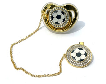 Luxury Bling Soccer Football Futbol Baby Pacifier & Clip - Gold Black or Silver - Binky - Dummy