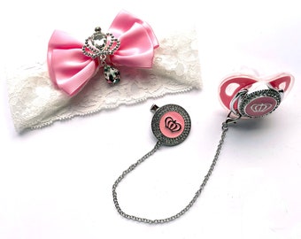 Luxury Bling Royal Crown Princess Baby Headband Bow, Pacifier & Clip - Binky - Dummy - Pink or Ivory