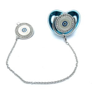 Luxury Bling Evil Eye Baby Pacifier & Clip Teal and Silver Binky Dummy image 1