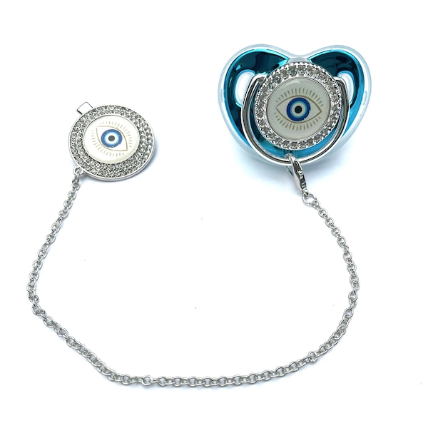 Luxury Bling Evil Eye Baby Pacifier & Clip - Teal and Silver - Binky - Dummy