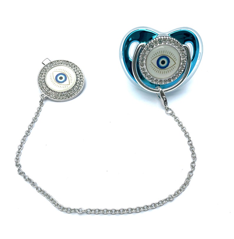 Luxury Bling Evil Eye Baby Pacifier & Clip Teal and Silver Binky Dummy image 1