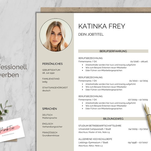 Resume template modern, professional application template German, resume template for Word & Pages, simple, resume to fill out