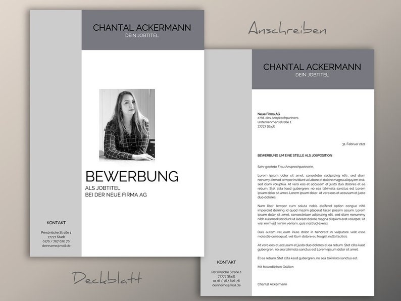Application template German grey Chantal Curriculum vitae cover cover Professional gold for Word /& Pages Instant download
