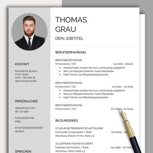 May include: A professional CV template featuring a circular headshot of a man in a suit, contact details, personal information, work experience, and education sections. The document includes a fountain pen resting on the bottom right corner.