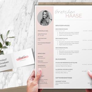 May include: A resume template with a pink background and a headshot of a woman. The resume includes personal information, work experience, education, and skills. The text on the resume is in German.