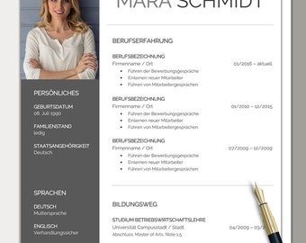 Könnte beinhalten: Ein Lebenslauf mit einem professionellen Porträtfoto von Mara Schmidt. Der Lebenslauf listet ihre persönlichen Daten, Berufserfahrung und Ausbildung auf. Der Lebenslauf ist mit einem grauen Hintergrund und schwarzem Text formatiert.