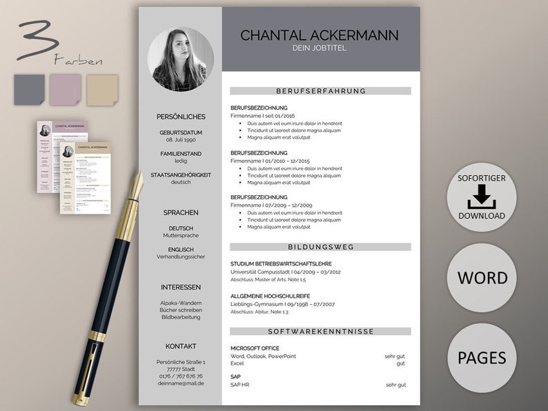 Application template German grey Chantal Curriculum vitae cover cover Professional gold for Word /& Pages Instant download