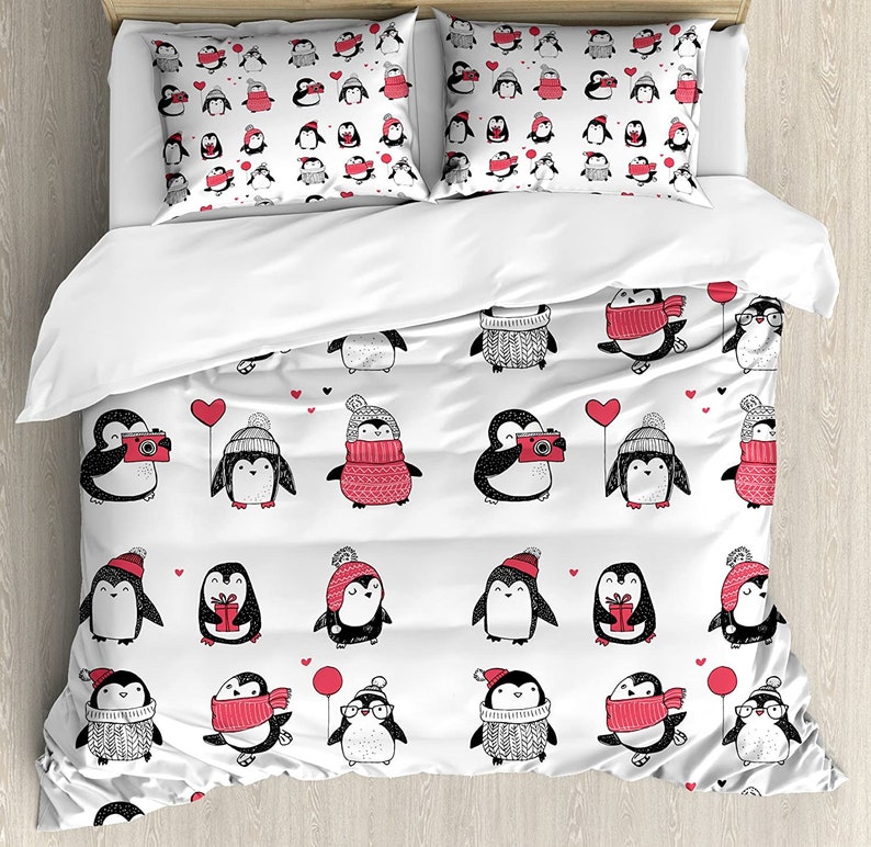 Penguins Hand Drawn Merry Christmas Bedding Set 3PCS Duvet Cover Pillowcase