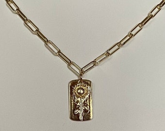 Sun Flower Charm Necklace en la cadena de clips - Colgante de flores de sol lleno de oro en la delicada cadena de clips