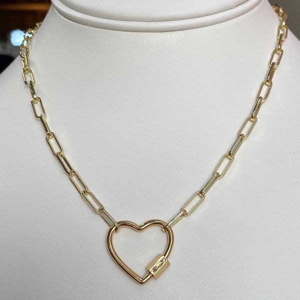 18K Gold Plated Carabiner Heart Clasp Necklace 18" Gold Plated Paperclip Chain  - Valentine Gift for Her