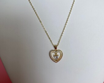 18K GoldFilled Dainty Micro Pave Cubic Zirconia Heart With Gold Plated Chain - Love Charm