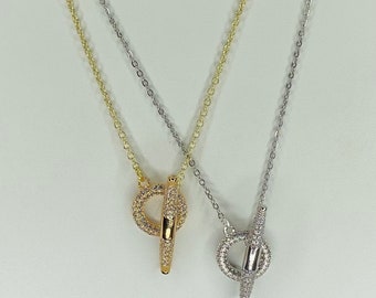 CZ Micro Pave Toggle Clasp Collar Chapado en Oro / Plateado - Collar Cúbico zirconia Toggle Clasp