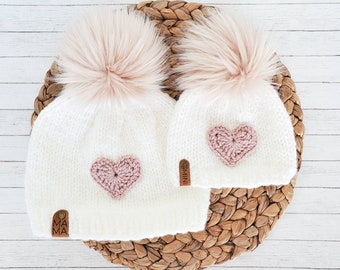 Mommy and me chunky knit heart hats set/women and child matching gift set/faux fur detachable pom heart hats/customizable sizes