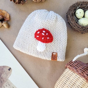 Woodlands mushroom knit hat/custom sizes newborn through adult/gender neutral hat/toadstool handmade hat/gift under 30