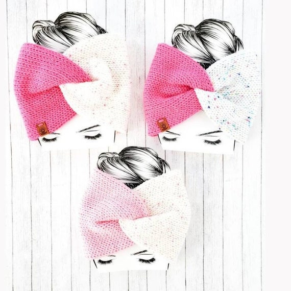 Twist front pink earwarmers/child and adult size knit headband/ womens earwarmers/twisted criss cross headband/pink gift under 25