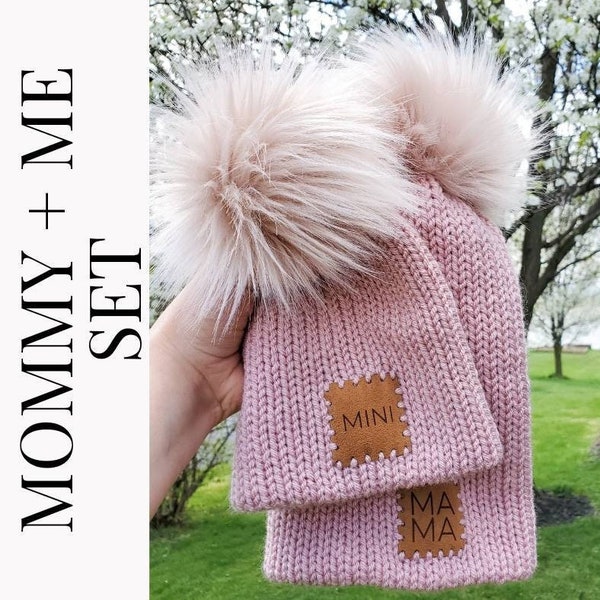 CUSTOM COLOR Mommy and me hat set/mama+mini beanie/newborn to child sizes/customizable winter hats/Valentine's day gift set for moms