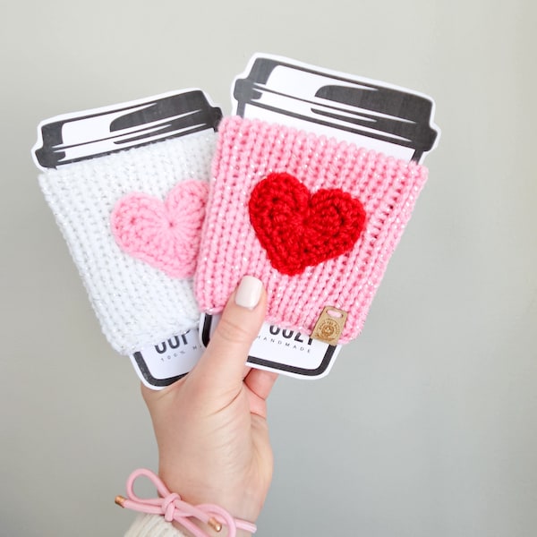 Double knit heart cup cozy/hot drink sleeve/custom colors/gift under 15 for her