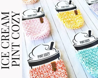Ice cream pint cozy/summer gift under 10/custom color chunky knit ice cream holder/Includes packaging and paper stock insert