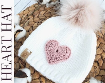 Chunky knit baby, toddler, and child size white hat with heart/fall gift/chunky soft knit white and pink hat with detachable pom