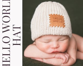 Hello world newborn hat/baby shower gift/custom colors available/infant chunky knit hat/gift for baby under 25