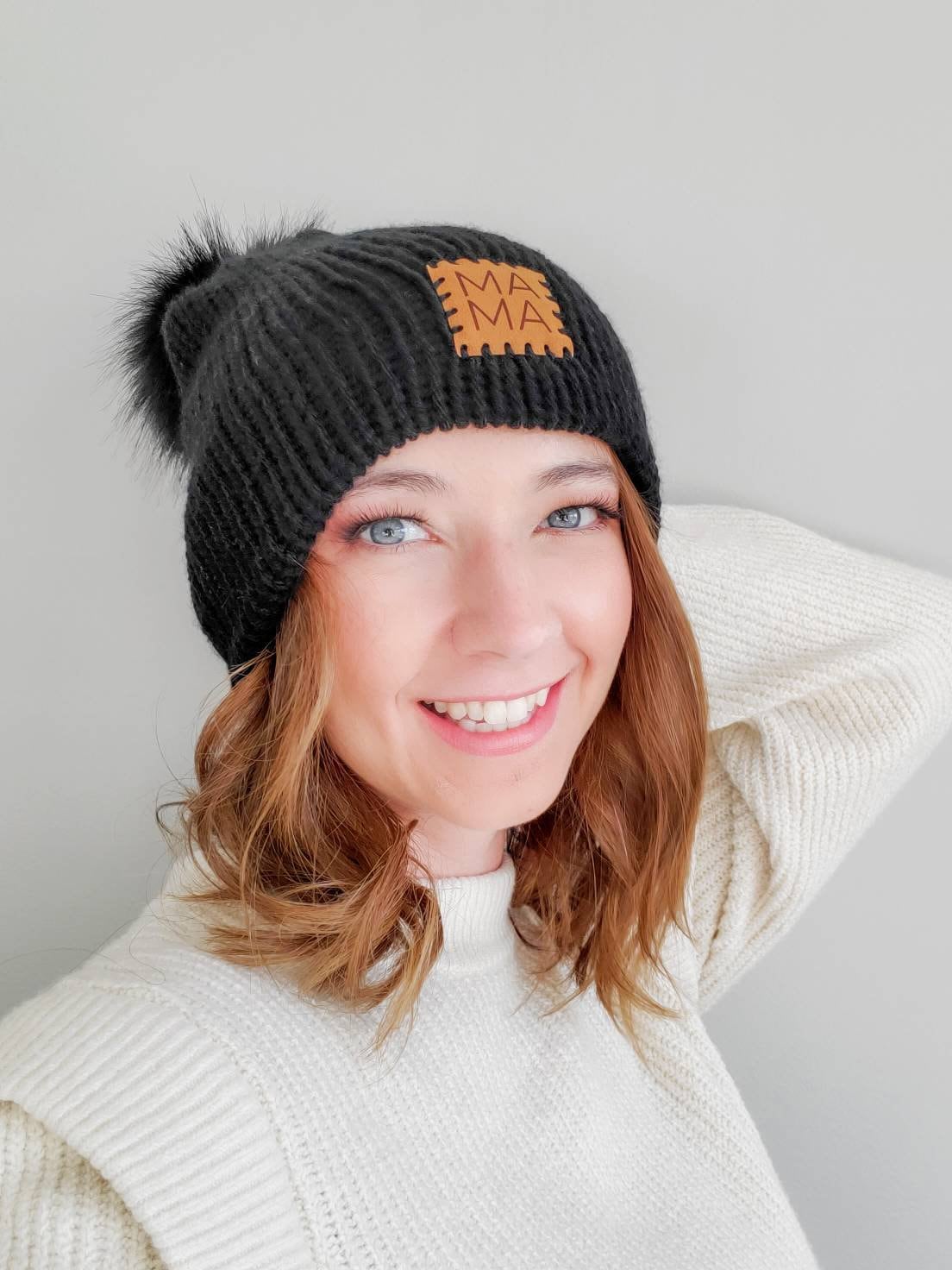 Women's Adult - Custom Patch Pom Pom Beanie Navy