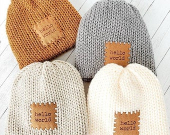 Hello world knit newborn hat/gift for new baby/comes in custom colors/fall baby shower gift/gender neutral infant hat under 25