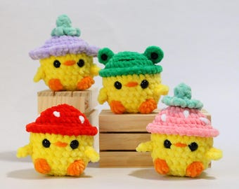 Crochet Baby Chick with Hat Plushie - Handmade Chenille Amigurumi Toy Doll