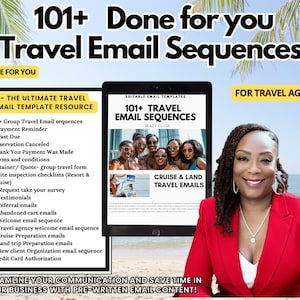 May include: A woman in a red blazer smiles at the camera. The image is a promotional graphic for a set of 101+ travel email sequences for travel agents. The text "101+ Done for you Travel Email Sequences" is in large, bold, black font. The text "FOR TRAVEL AGENTS" is in yellow text on a black rectangle. The text "STREAMLINE YOUR COMMUNICATION AND SAVE TIME IN YOUR BUSINESS WITH PRE-WRITTEN EMAIL CONTENT!" is in black text on a white rectangle.